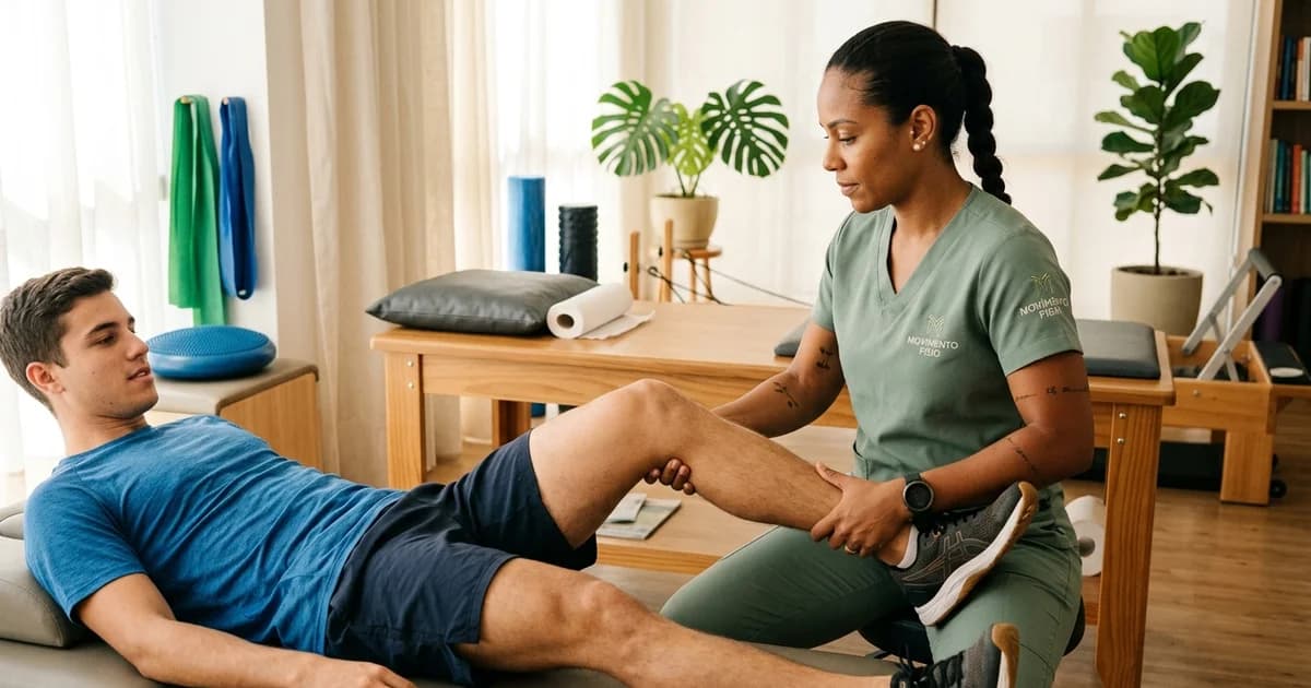 Fisioterapeuta esportiva avaliando joelho de atleta jovem em maca de avaliação funcional
