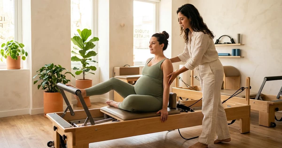 Gestante praticando pilates terapêutico em equipamento Reformer com acompanhamento de fisioterapeuta