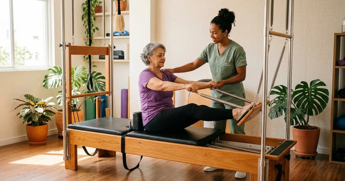 Idosa praticando pilates terapêutico em equipamento Cadillac com fisioterapeuta para fortalecimento e equilíbrio