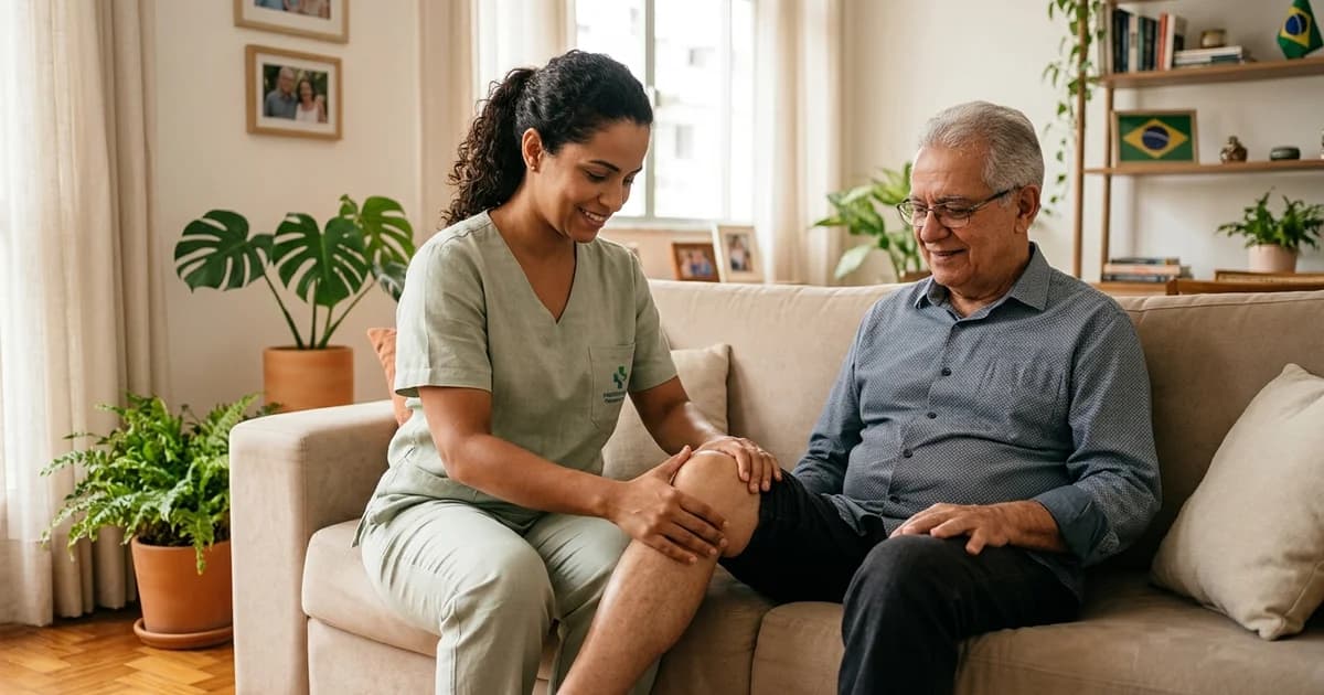 Fisioterapeuta atendendo paciente idoso no sofá da casa em sessão de mobilização do joelho